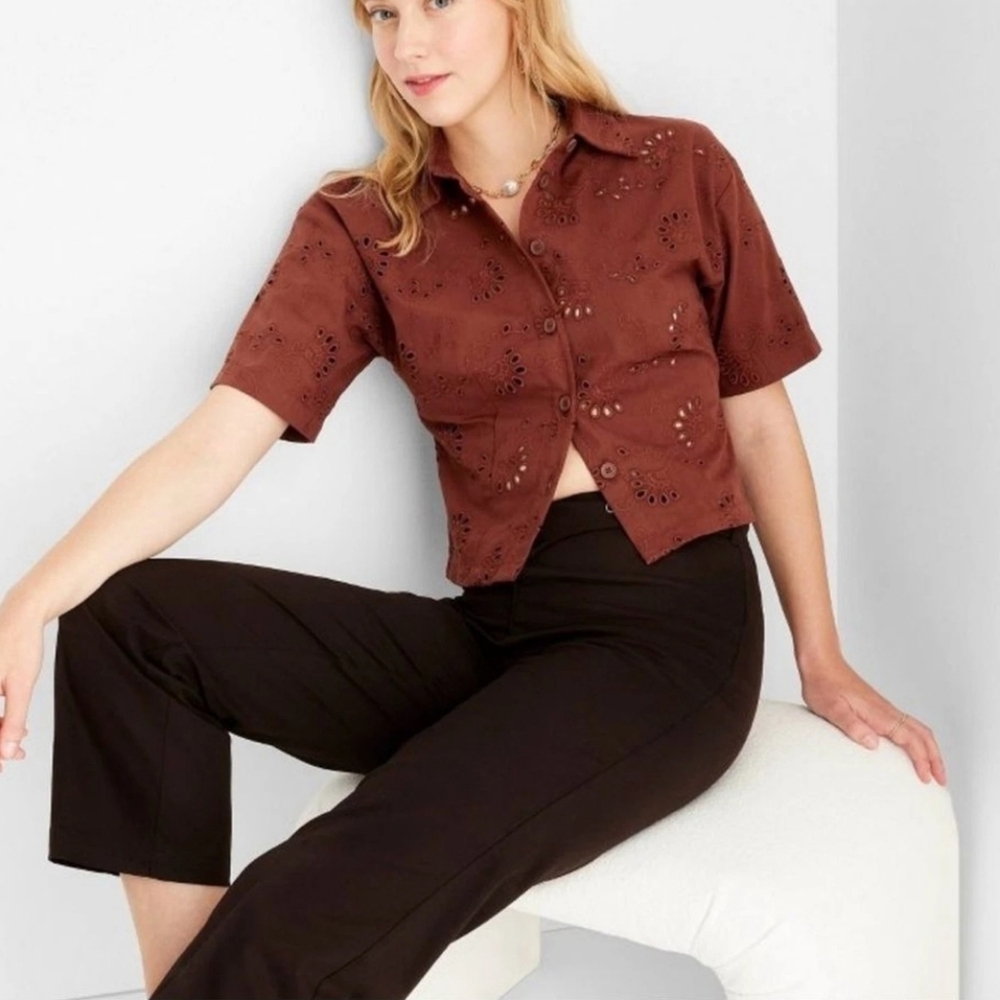Future Collective X Target Brown Floral Eyelet Button Top L